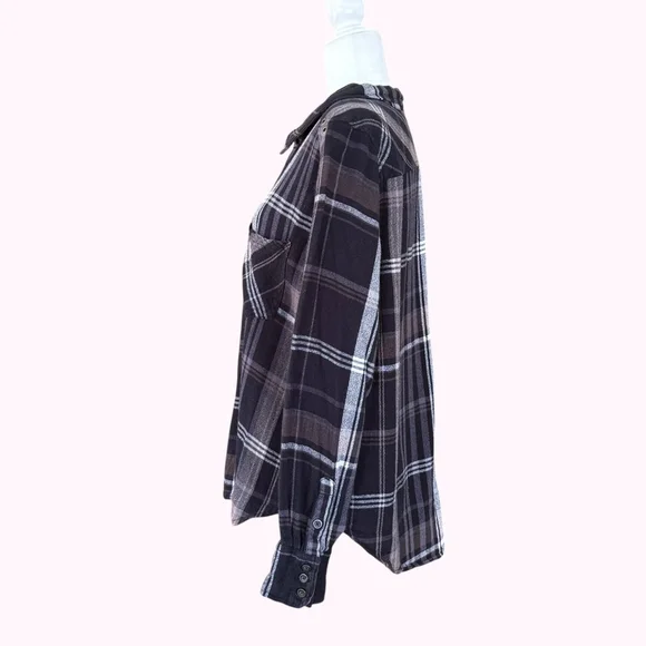 Free People Wesley Plaid Linen Blend Black Gray Sz M - Picture 6 of 9